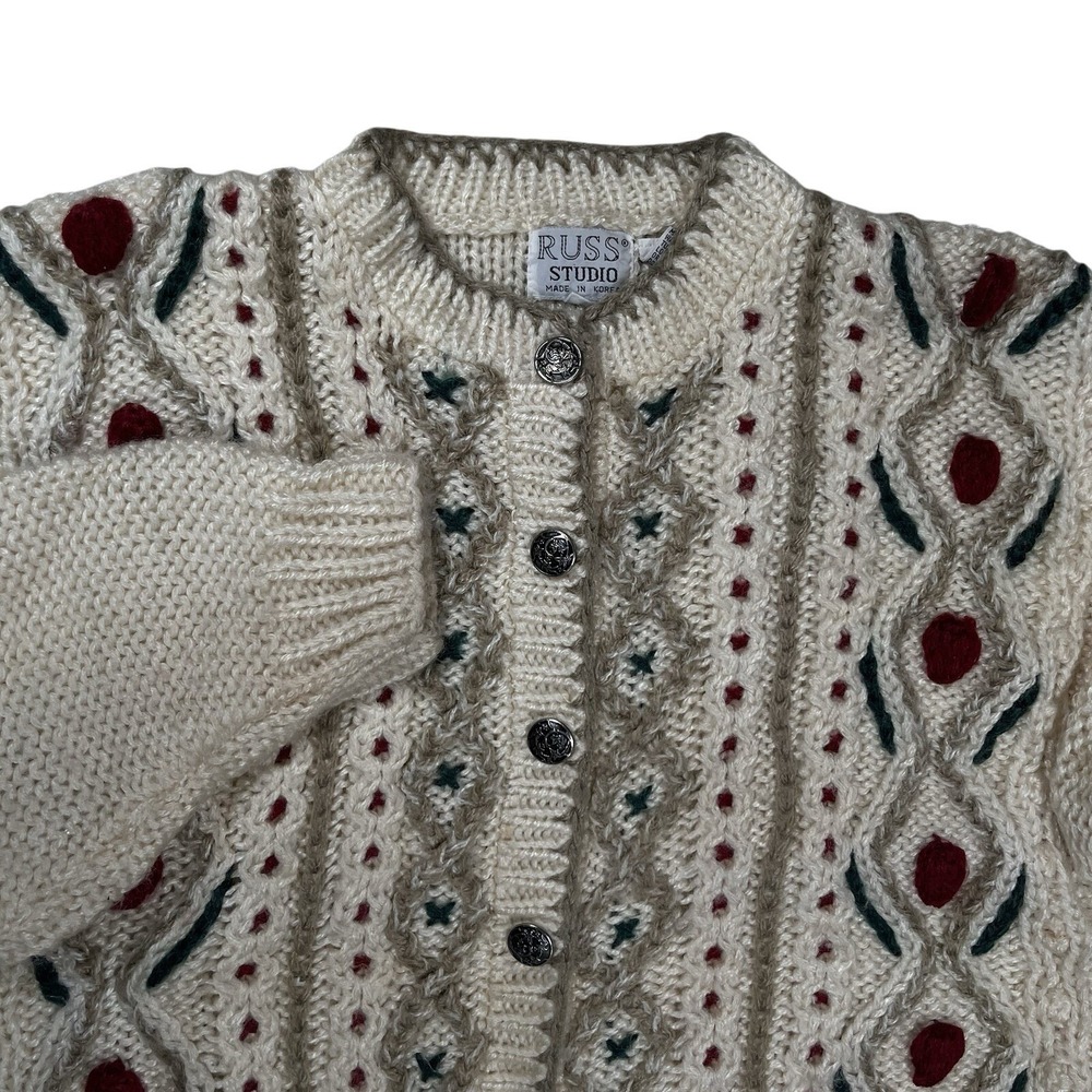 VTG Russ Studio Cream Chunky Knit Pom Pom Cardigan Sweater Sz M Buttons Vintage